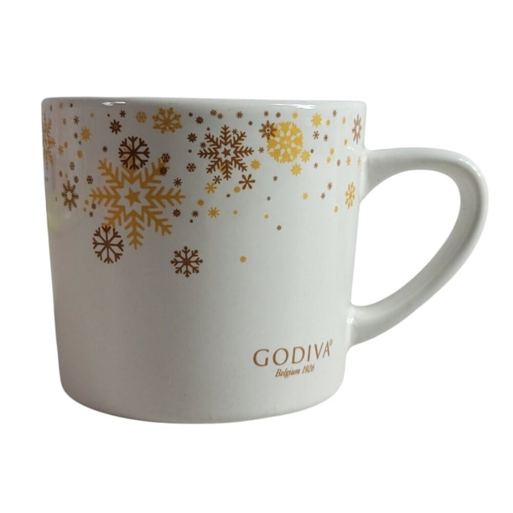 Godiva Winter Snowflake Mug Cream Gold Stoneware Christmas Holiday Coffee Candy
